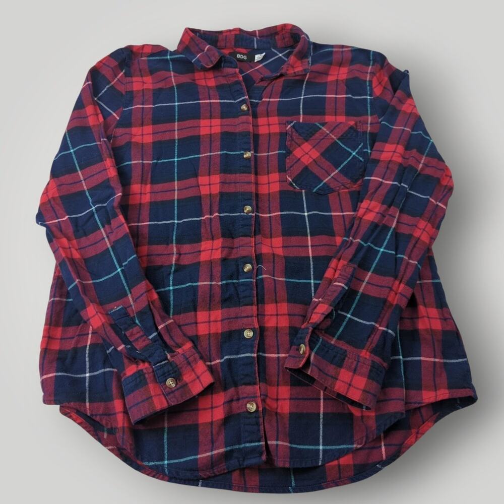 BDG Women’s L Flannel Shirt Red White Blue Plaid 100% Cotton Long Sleeve